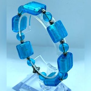 Lamp Work Heavy Foil Glass Bead Necklace Silver toned Beads Blue Bracelet